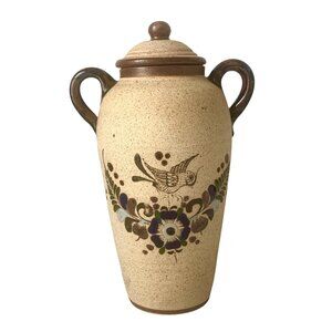Vintage Tonala Pottery Jardiniere Vase Bird Hand Painted Signed 11"
